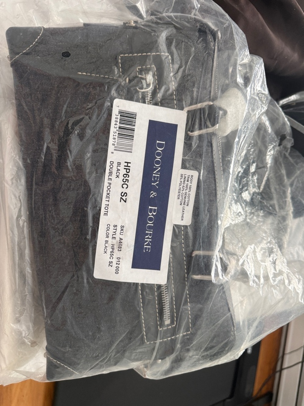 Dooney & Bourke Black Leather Double Pocket Tote with White Stitching